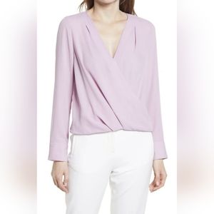 NWT Halogen Cross Front Long Sleeve Blouse in Purple Bloom | Size L